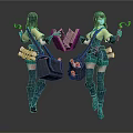 Green Haired Female Character With Yellow Top Green Shorts Backpack Scrolls And Hook Tool