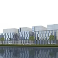 Modern Office Complex With Glass Facades Riverfront View And Green Landscaping