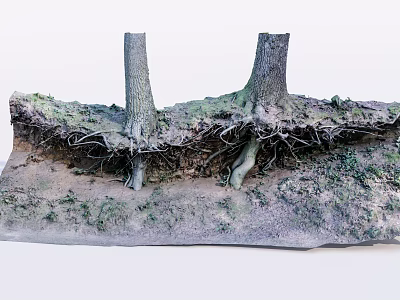 Natural Stone and Wood Scene with Exposed Tree Roots Soil and Green Moss 3d model