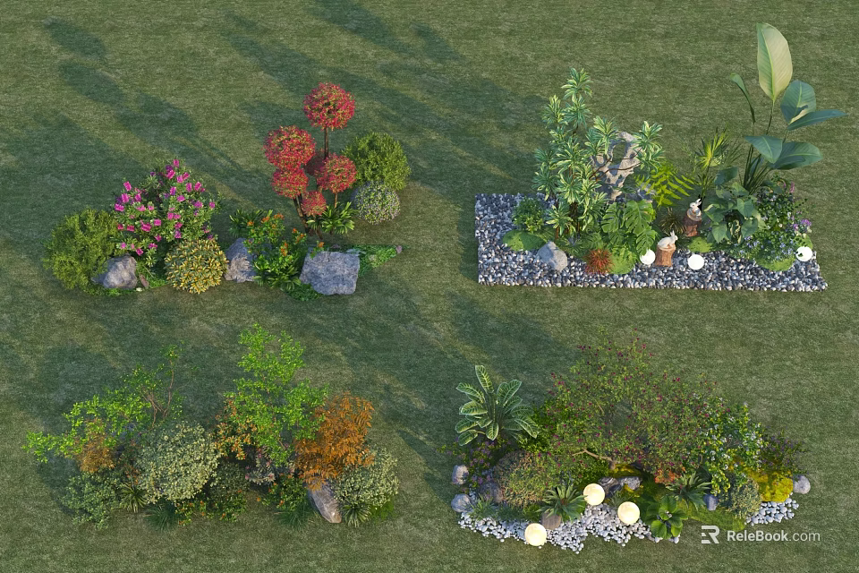 Outdoor Garden Plant Combinations with Various Shrubs Flowers Green Plants Stones and Small Lights 3d model 
