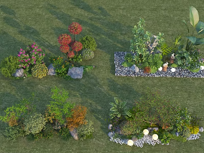 Outdoor Garden Plant Combinations with Various Shrubs Flowers Green Plants Stones and Small Lights 3d model