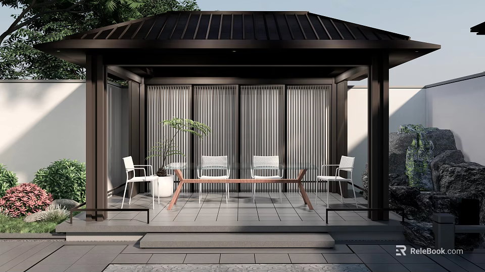 Rockery Stones In Outdoor Garden Pavilion With Seating Area And Green Plants 3d model 