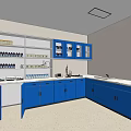 Modern Kitchen Interior Featuring Blue Cabinets White Refrigerator Windows And Countertop 3d model