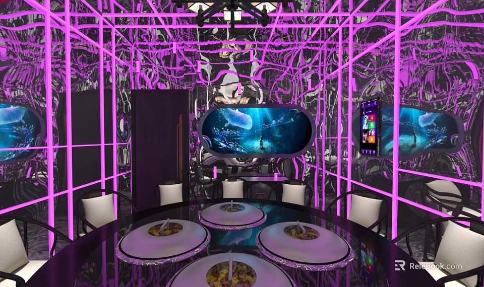 Private Dining Room With Purple Lighting Large Screen Display And Mirror Decorations 3d model 