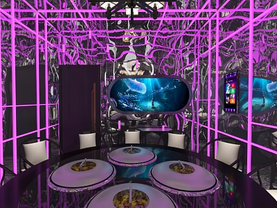 Private Dining Room With Purple Lighting Large Screen Display And Mirror Decorations 3d model
