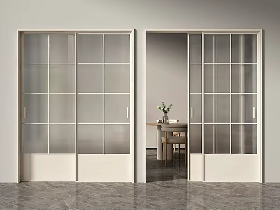 Modern Interior Sliding Doors with White Frame and Frosted Glass Panels Separating Dining Areas 3d model