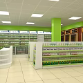 Pharmacy Specialty Store Interior with Shelves Full of Health Products and Green Pillars