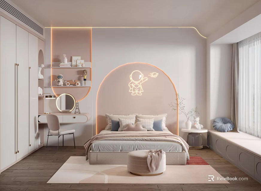 Cozy Modern Pink Kids Room Interior With Arch Design Bed Desk And Storage Shelves 3d model 