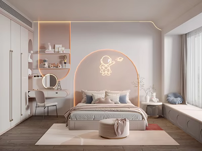 Cozy Modern Pink Kids Room Interior With Arch Design Bed Desk And Storage Shelves 3d model