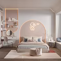 Cozy Modern Pink Kids Room Interior With Arch Design Bed Desk And Storage Shelves
