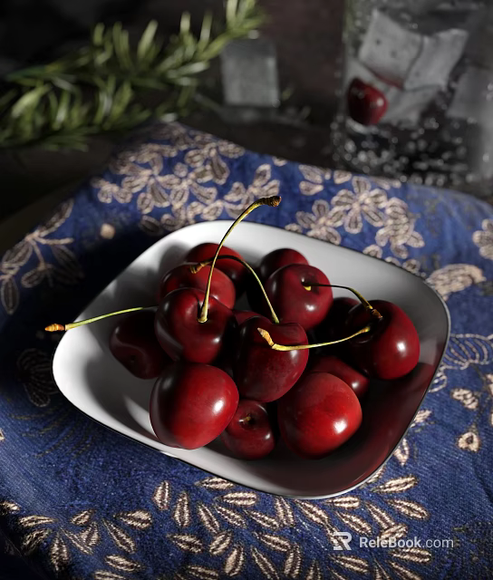 Deep red cherries in white plate on blue patterned cloth 3d model
