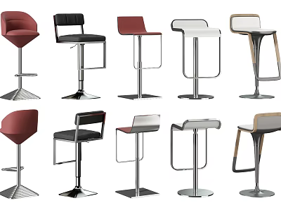 Various Styles Modern Bar Stools With Different Colors And Metal Wooden Bases 3d model