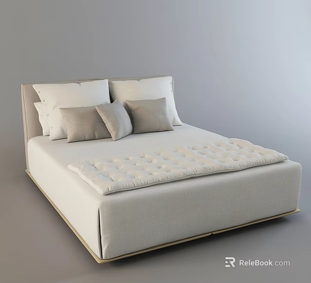 Modern Double Bed with Light Colored Mattress Wooden Frame and Pillows 3d model 