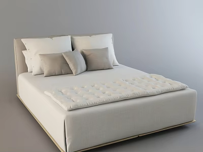 Modern Double Bed with Light Colored Mattress Wooden Frame and Pillows 3d model