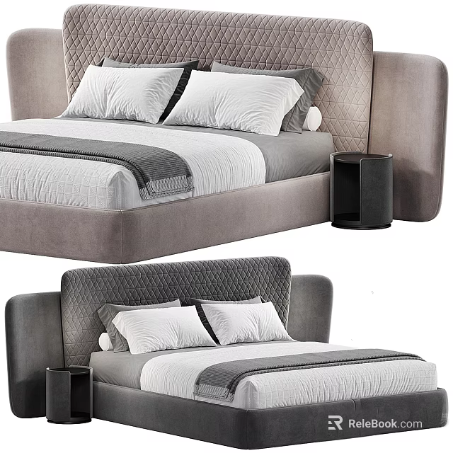 Modern Double Bed With Upholstered Headboard Gray White Linen Bedding And Nightstand 3d model 