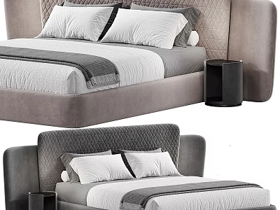 Modern Double Bed With Upholstered Headboard Gray White Linen Bedding And Nightstand 3d model