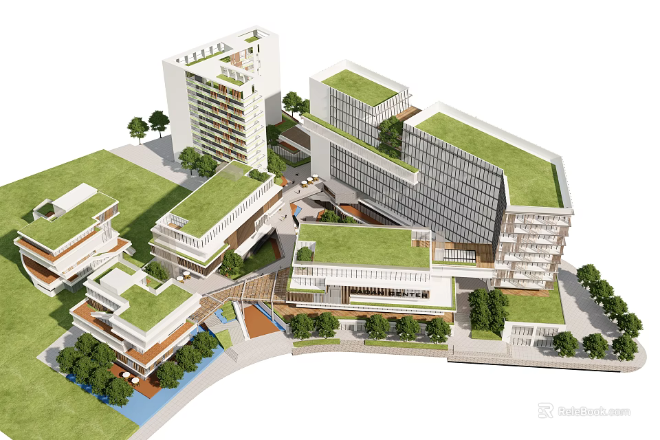 Modern Office Complex with Green Roofs and Landscaped Surroundings Trees and Pedestrian Paths 3d model 