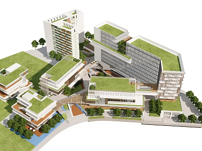 Modern Office Complex with Green Roofs and Landscaped Surroundings Trees and Pedestrian Paths 3d model