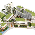 Modern Office Complex with Green Roofs and Landscaped Surroundings Trees and Pedestrian Paths