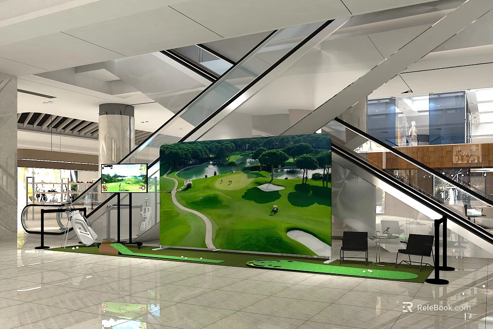 Shopping Mall Lobby with Escalators Large Golf Scene Screen and Green Grass Area 3d model 