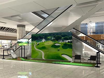 Shopping Mall Lobby with Escalators Large Golf Scene Screen and Green Grass Area 3d model