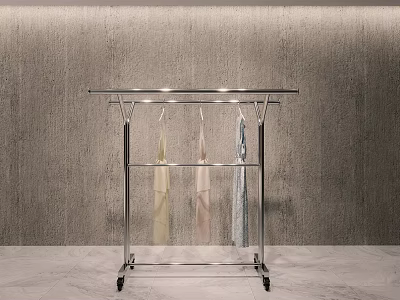 Sturdy Metal Rolling Clothes Rack With Hanging Garments Against Grey Wall 3d model