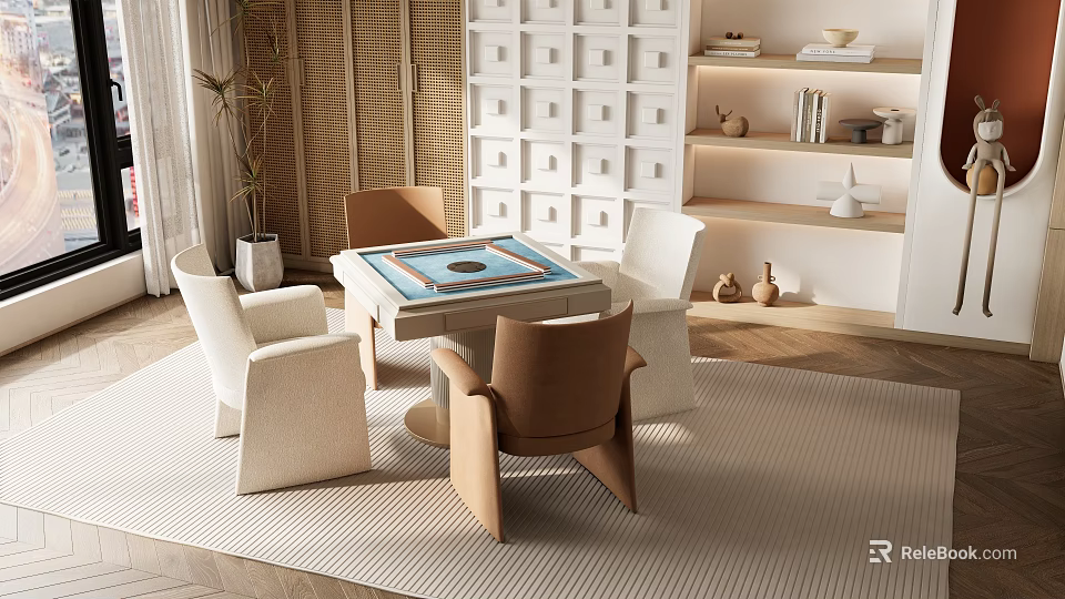 Modern Entertainment Table With Comfortable Chairs And Decorative Shelves In Living Room 3d model 