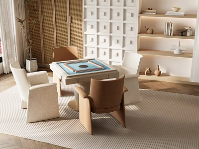 Modern Entertainment Table With Comfortable Chairs And Decorative Shelves In Living Room 3d model