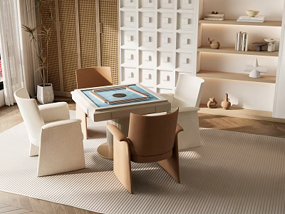 Modern Entertainment Table With Comfortable Chairs And Decorative Shelves In Living Room 3d model