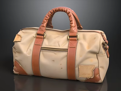 Vintage Beige And Brown Duffel Bag With Leather Handles And Torn Patches 3d model
