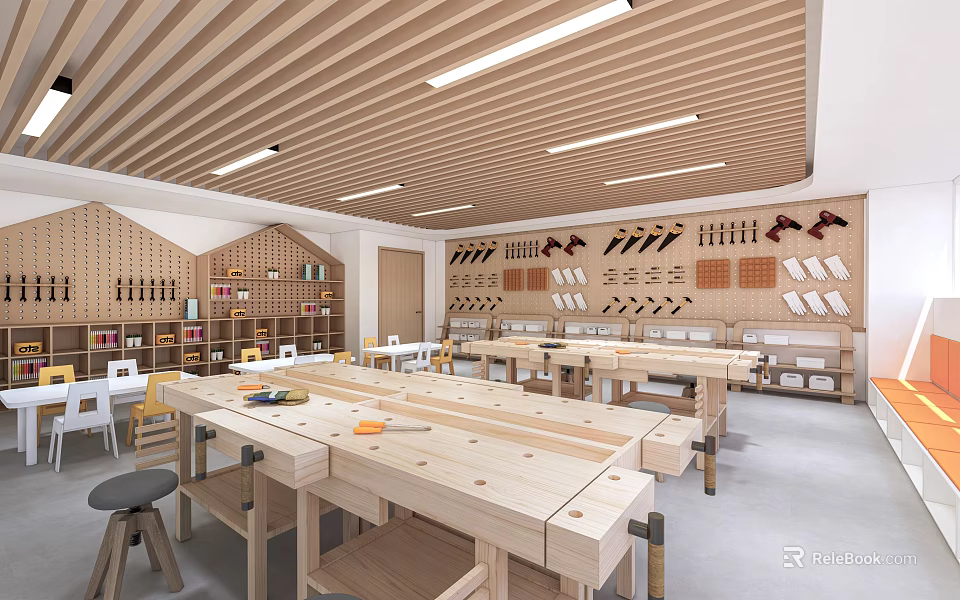 Art Workshop With Wooden Tables And Tool Walls 3d model 