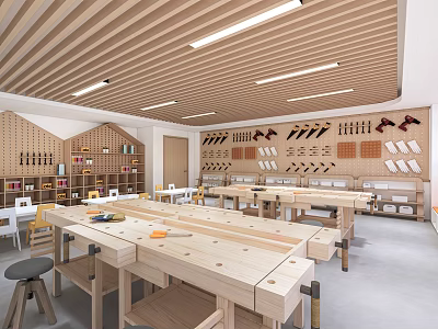 Art Workshop With Wooden Tables And Tool Walls 3d model