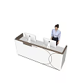 Modern White Reception Desk With Wooden Edge Two Computer Monitors And Staff Member