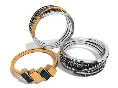 Elegant Gold And Silver Rings With Black Gemstone Inlays And Twisted Bands 3d model