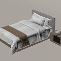Single Bed With White Sheets Brown Decorative Strip Gray Headboard And Wooden Nightstand