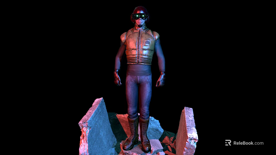 Sci Fi Character In Armor Vest Standing On Broken Stone Platform With Goggles 3d model 