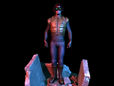 Sci Fi Character In Armor Vest Standing On Broken Stone Platform With Goggles 3d model