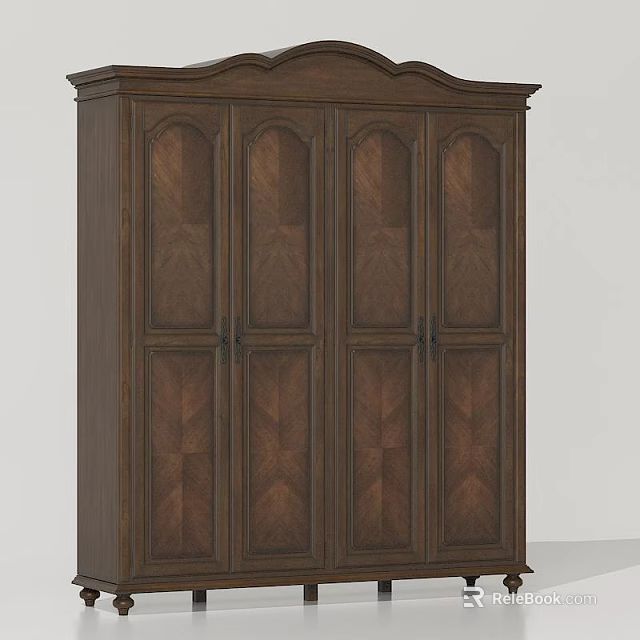 Classic Wooden Wardrobe With Carved Details And Symmetric Wood Grain Four Doors Design 3d model 
