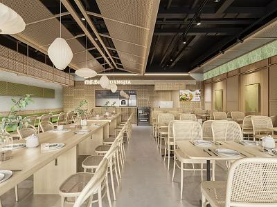 Modern Natural Restaurant Interior With Wooden Tables Rattan Chairs And Hanging Pendant Lights 3d model
