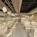 Modern Natural Restaurant Interior With Wooden Tables Rattan Chairs And Hanging Pendant Lights