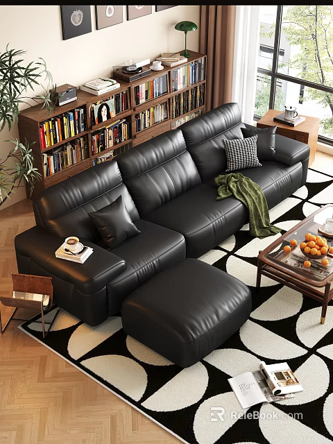 Black Leather Sectional Sofa and Wooden Coffee Table Set with Pillows Blanket and Patterned Rug 3d model 