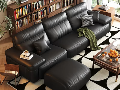 Black Leather Sectional Sofa and Wooden Coffee Table Set with Pillows Blanket and Patterned Rug 3d model