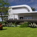 Modern White Building with Curved Roof Large Glass Windows Green Trees Lawn and Black Driveway