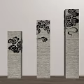 Three Textured Stone Columns With Black Cloud Patterns In Varying Heights 3d model
