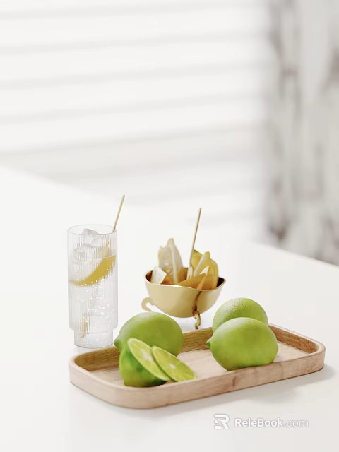 Refreshing Drink With Fresh Lemon Limes And Pears On Tray 3d model 