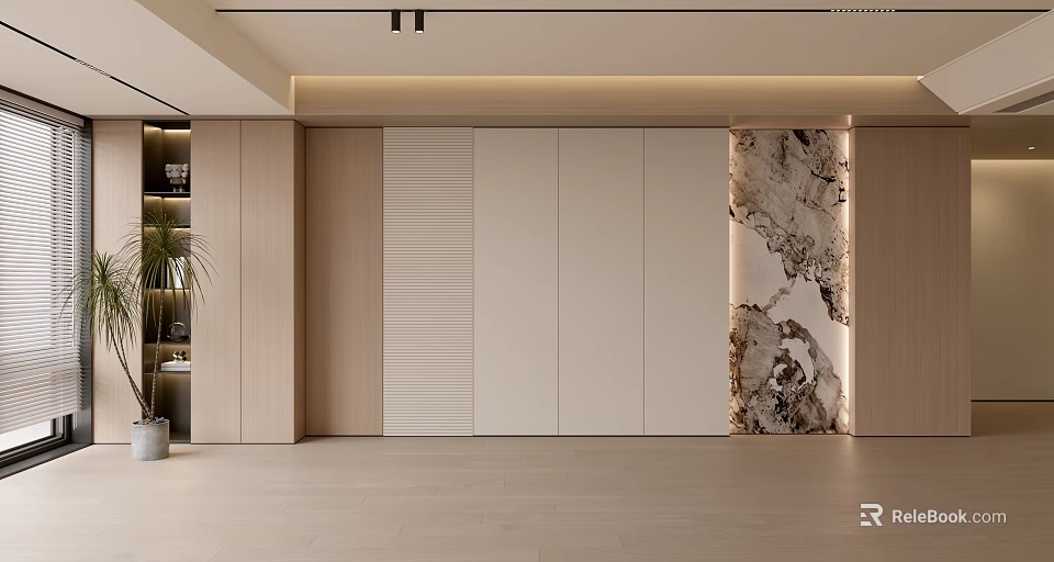 Modern Background Wall Design With Wooden Panels White Surface And Marble Pattern 3d model
