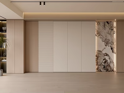 Modern Background Wall Design With Wooden Panels White Surface And Marble Pattern 3d model