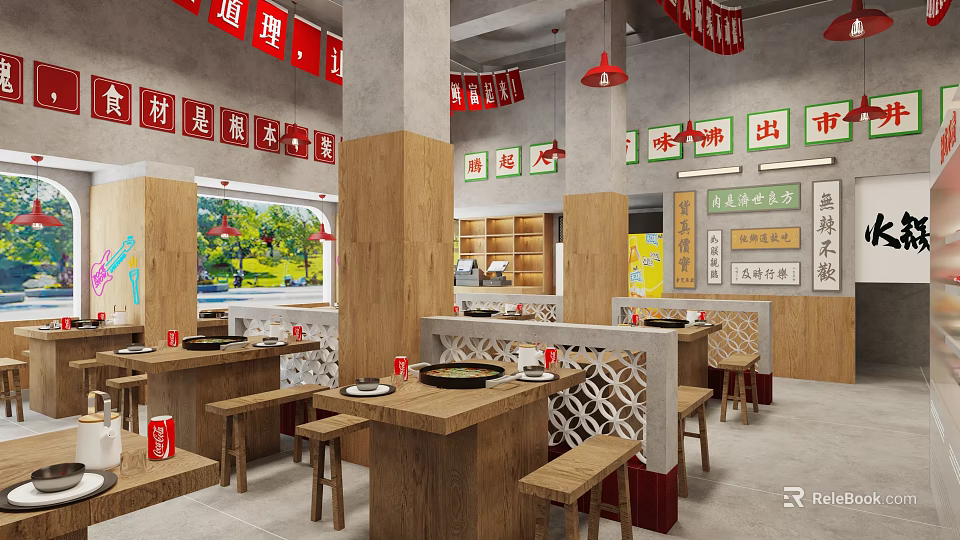 Traditional Hotpot Restaurant With Red Banners Wooden Tables Lattice Partitions And Green Plants 3d model 