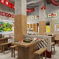 Traditional Hotpot Restaurant With Red Banners Wooden Tables Lattice Partitions And Green Plants