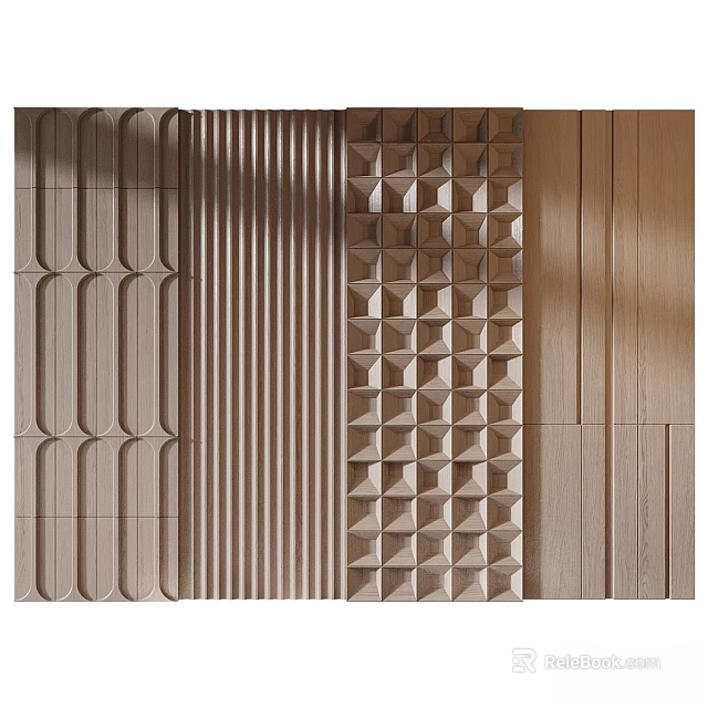 Decorative Wall Panels Featuring Geometric Patterns Vertical Stripes and Wood Grain Textures 3d model 